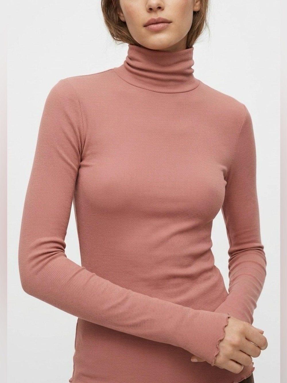 Free People Pink Lettuce Edge Ribbed Turtleneck Top Small Elevated Basics Boho